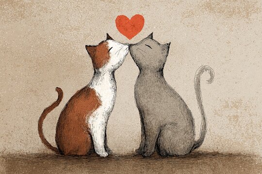Tender illustration of two cats touching noses under a heart  affection and companionship captured