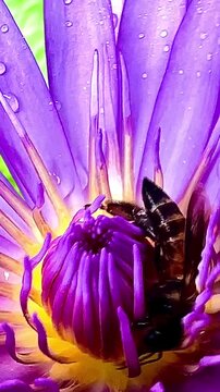 Large bee resting on a flower during rainfall as another bee arrives nearby, with visible raindrops creating a natural wet-weather scene and highlighting insect behavior in the rainy season.