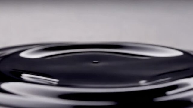 A glossy black liquid sphere falling into a dark pool creates a precise ripple effect on a minimalist gray background for modern abstract art design.