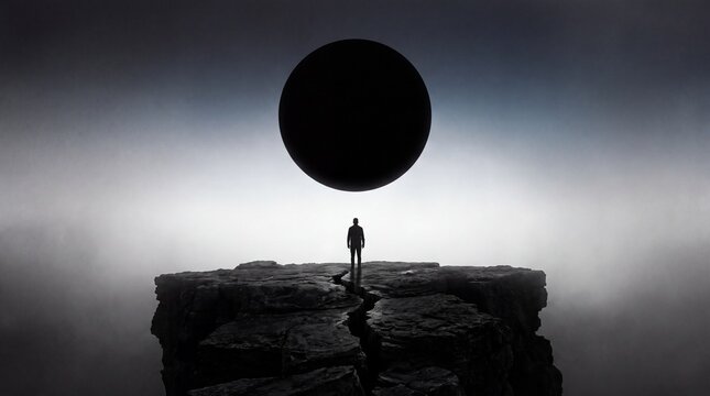 Silhouette of man standing on edge of cliff under mysterious black sphere, dark surreal sci-fi concept