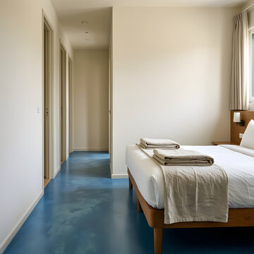 Quiet circulation space featuring a quiet guest room with folded natural linen and uncluttered circulation, reduced to an adaptable high-clarity campaign composition for calm travel and restorative