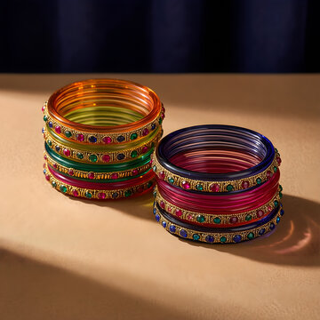 Six separate glass bangles in jewel tones arranged as two stable stacks for Diwali celebration, hospitality, gifting and seasonal campaign