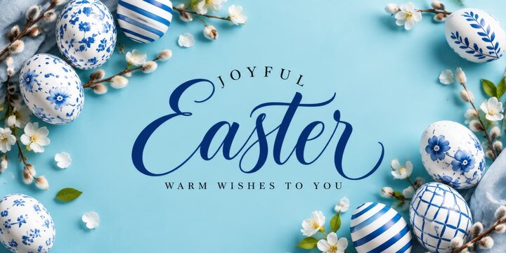 Joyful Easter With Decorated Eggs and Flowers on a Blue Background