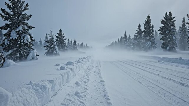 Snowy winter scene with a snow-covered road and trees in a blizzard, atmospheric weather conditions.