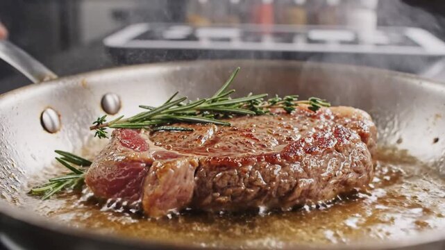 Close up of a delicious steak searing in a hot pan with rosemary and thyme sprigs
