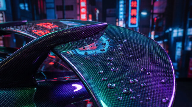 Close-up of a carbon fiber sports car spoiler covered in water droplets reflecting neon lights in a city street at night