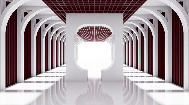 Futuristic white archway corridor with dark red textured walls leads to a bright portal background.