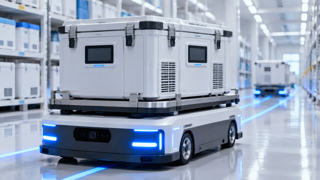 Autonomous mobile robot transporting storage container in modern automated smart warehouse facility using ai navigation technology for logistics and supply chain efficiency