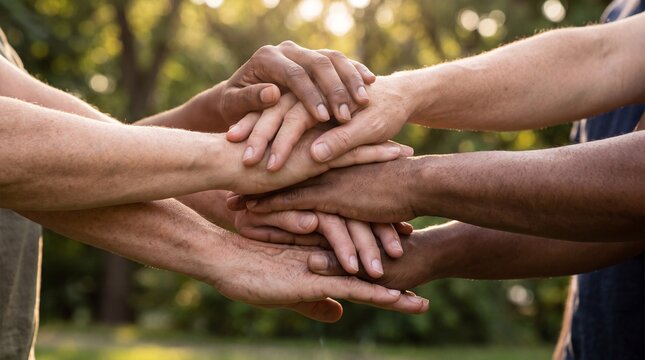 A symbol of unity and collaboration, hands of diverse individuals are stacked in a gesture of solidarity against a blurred natural backdrop, representing trust and shared purpose.