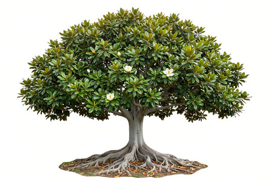 Mature Magnolia officinalis, broad rounded crown, huge glossy leaves, smooth textured trunk and extensive exposed roots, ultra-realistic 8K botanical photography, sharp focus, isolated pure white