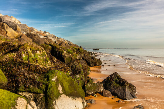 Granite Rock armour coastal defences, Walton-on-the-Naze, Essex, UK.