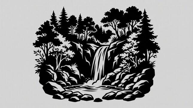 Vintage woodcut waterfall forest illustration, monochrome nature landscape scene with trees and rocks, rustic black and white engraving artwork isolated on White Background