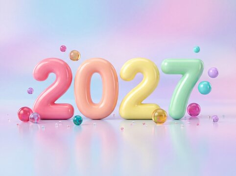 Pastel 2027 bubble numbers with floating colorful spheres on a soft dreamlike background