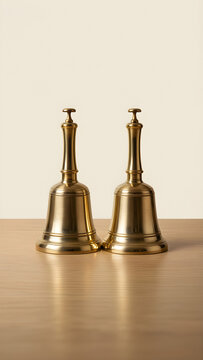 Pair of separate polished-brass celebration bells with complete clappers for New Year 2027 celebration, hospitality and annual-planning campaign