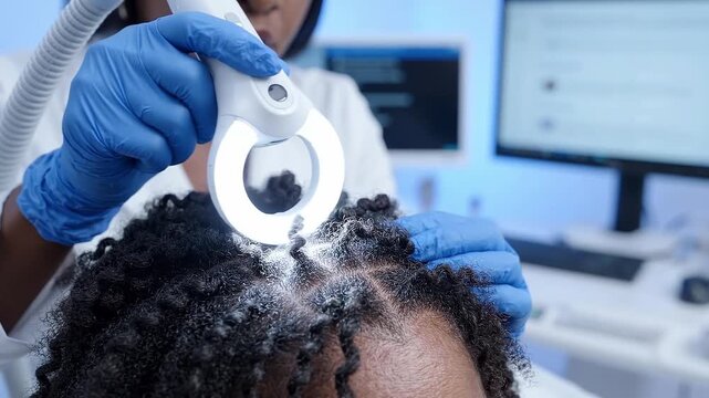 A dermatologist examines the scalp of an adult African American woman using a medical light device clinic.