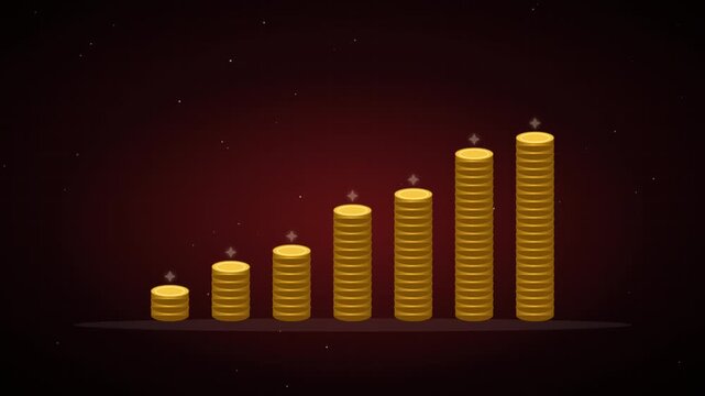 Golden coin stacks forming bar chart growing upward across dark crimson surface showing financial wealth