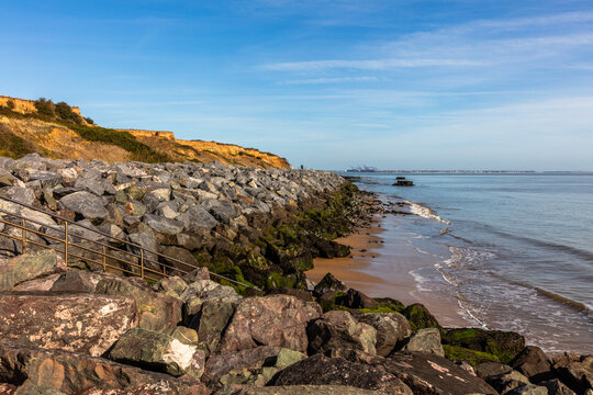 Granite Rock armour coastal defences, Walton-on-the-Naze, Essex, UK.
