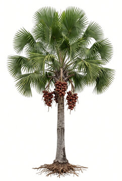 Ultra-realistic mature Buriti Palm (Mauritia flexuosa), complete tall tree with exposed roots, thick textured trunk, enormous crown of broad fan-shaped green fronds with deeply divided tips,
