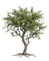Obraz premium Ultra-realistic mature Kumhat or Kumat (Senegalia senegal), dryland acacia with gray-brown trunk, thorny spreading branches, fine bipinnate green foliage, small creamy flower spikes, curled seed pods 