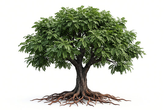 Mature Red Sandalwood tree, dense rounded crown, compound green leaves, dark textured trunk and detailed exposed roots, ultra-realistic 8K botanical photography, razor-sharp, isolated white