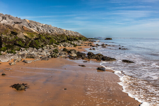 Granite Rock armour coastal defences, Walton-on-the-Naze, Essex, UK.