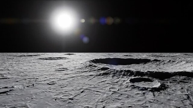 Rocky lunar surface with sun shining over craters and shadows in outer space environment