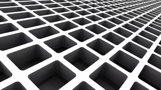 Abstract white grid surface with rectangular holes creating perspective geometric pattern background.