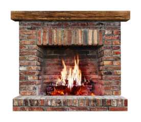 Obraz premium PNG Rustic brick fireplace with glowing flames and wooden mantel