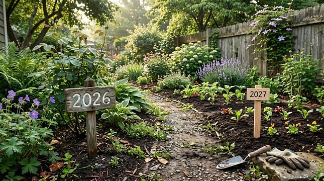 Lush garden with wooden plant markers showing the years two thousand twenty six and two thousand twenty seven among colorful flowers