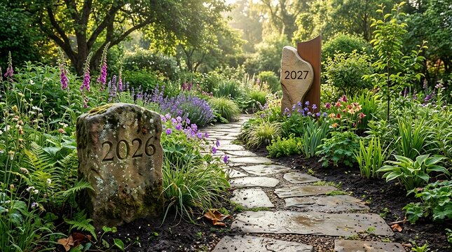 Stone pathway in a botanical garden passing by carved stone markers for the years two thousand twenty six and two thousand twenty seven