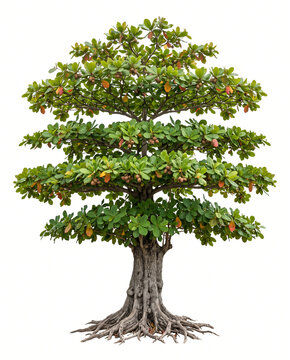 Ultra-realistic mature Tropical Almond (Terminalia catappa), full tree with distinctive horizontal layered branches, broad umbrella-shaped crown, large glossy oval leaves,