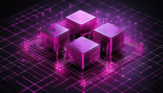 isometric 3d rendering of magenta data blocks connected by digital network lines on dark grid