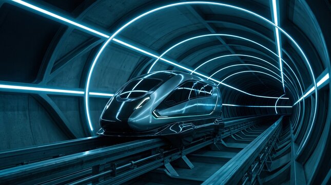 Futuristic hyperloop train pod traveling fast in illuminated neon vacuum tube tunnel