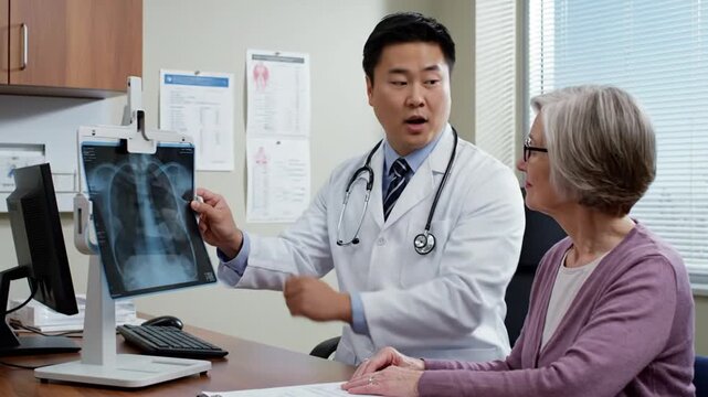 Doctor explains chest X-ray results to elderly female patient in medical office setting