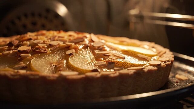 A gourmet pear tart with sliced almonds is baking inside the hot oven. A warm dessert is being prepared in the kitchen area.