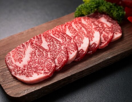 sliced wagyu beef with rich marbling pattern close up