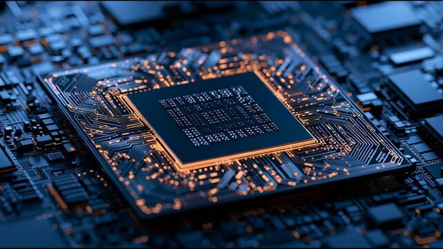 Detailed images show a computer chip on a circuit board, showcasing its intricate design and glowing features in a tech environment.
