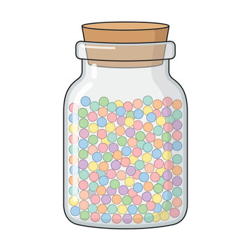 Glass jar filled with colorful round candies and a cork lid.