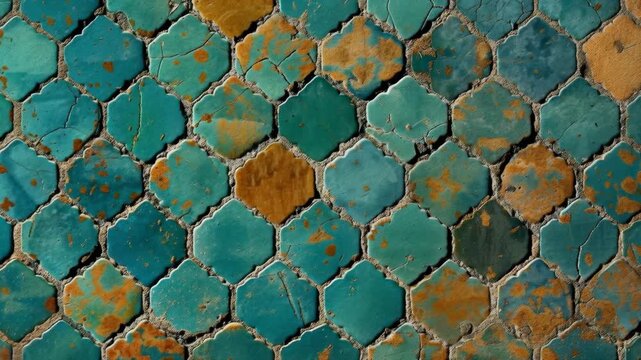 Close-up of weathered turquoise and terracotta ceramic tile mosaic