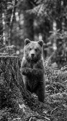 Adorable bear cub standing in a forest monochrome wildlife wallpaper for screens © Ariyah
