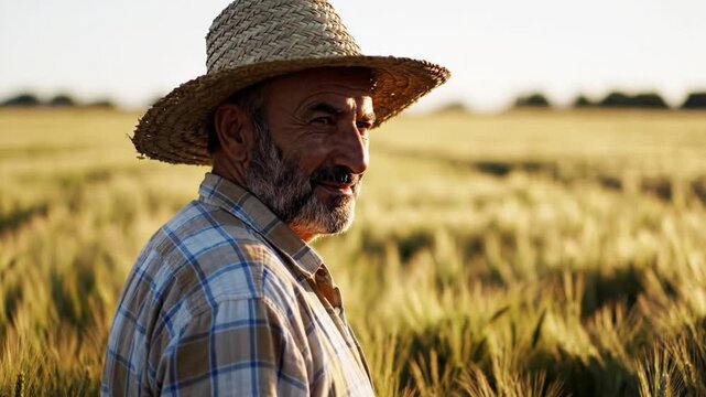 A senior male farmer of Mediterranean ethnicity wearing a straw hat stands in a golden wheat field during sunset at his agricultural family farm.