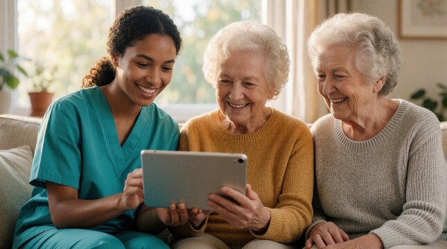 Smiling young female nurse shows digital tablet to two happy senior women. Caregiver helps elderly clients use modern tech in home. Diverse healthcare pro provides social support, digital literacy