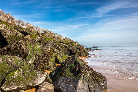 Granite Rock armour coastal defences, Walton-on-the-Naze, Essex, UK.