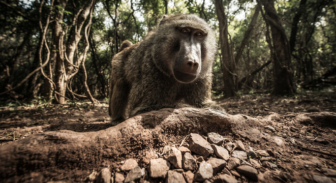 Wild baboon crouching on the ground in a forest or jungle environment