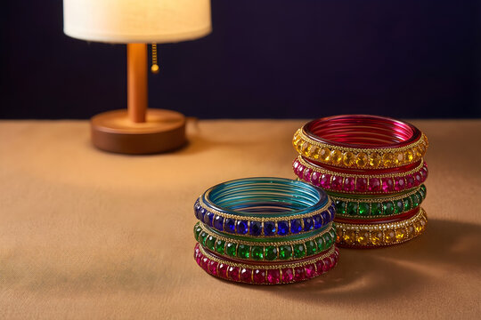 Six separate glass bangles in jewel tones arranged as two stable stacks for Diwali celebration, hospitality, gifting and seasonal campaign
