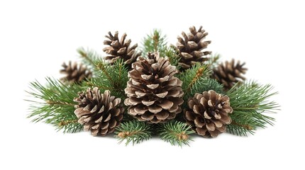 Fototapeta premium Natural pine cones with green fir needles arranged in a festive winter holiday cluster for seasonal decoration and crafts
