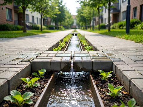 Completed practical result featuring permeable paving blocks directing rain into planted drainage strips, reduced to an adaptable high-clarity campaign composition for stormwater management