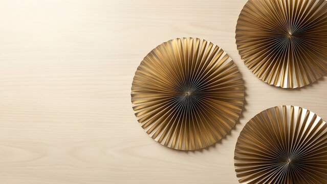 Three separate metallic paper rosettes with consistent radial pleats for New Year 2027 celebration, hospitality and annual-planning campaign