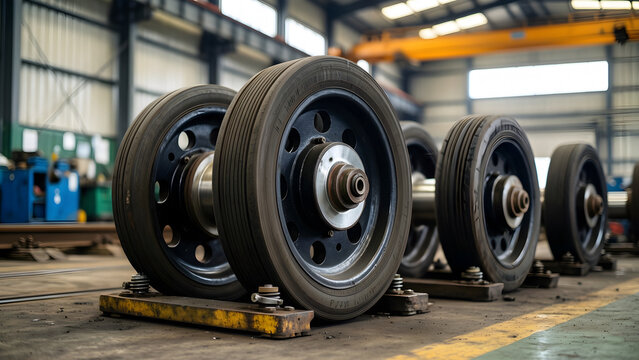 Completed practical result featuring generic rail-maintenance wheel and suspension components on proper supports, with its physical process or state transition clearly visible for public transport