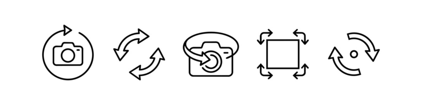 Camera rotation and flip icons set. Minimalist line symbols for 360 degree photo, switch camera, screen orientation, and image editing controls isolated on white background.